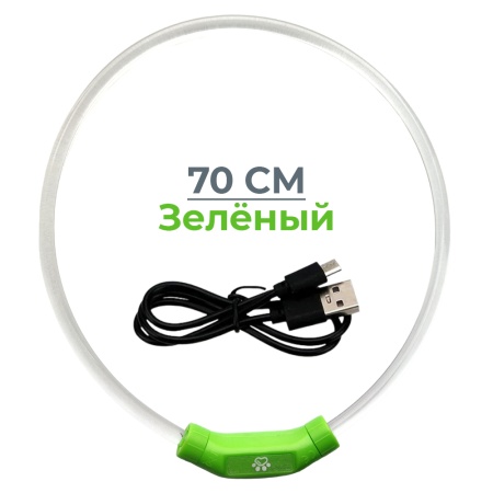 Ошейник светящийся светодиодный для собак с USB зарядкой 70 см, прозрачный с зеленым